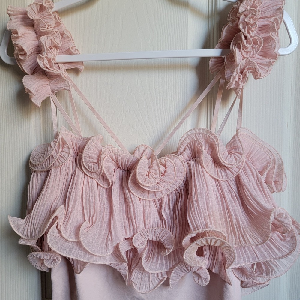 Free People For The Frill Of It Bodysuit Pink‎ Ruffle Tulle Lace Size Medium - Picture 6 of 13